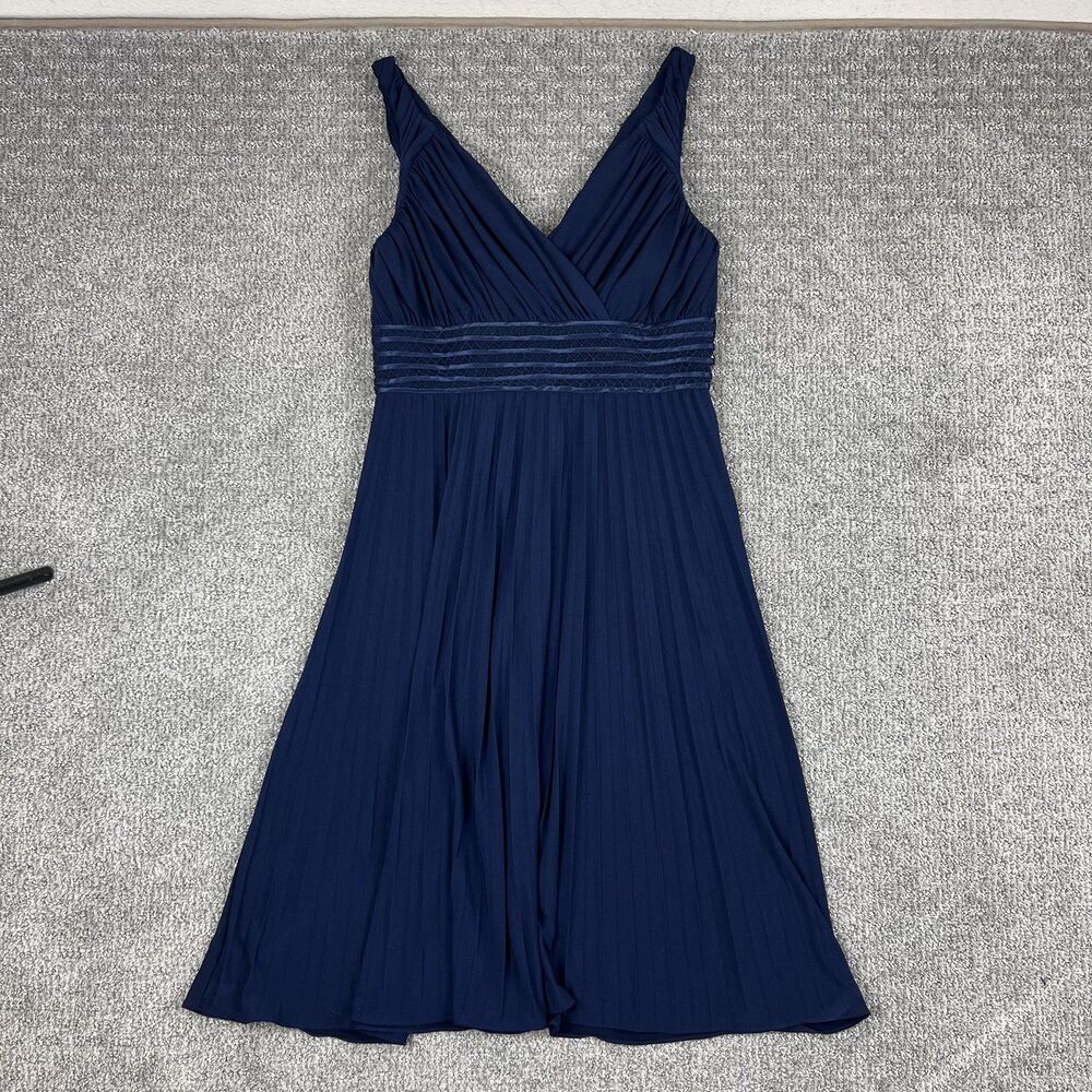 Suzi Chin for Maggy Boutique Dress Womens 6 Navy Pleated Cocktail Midi Party